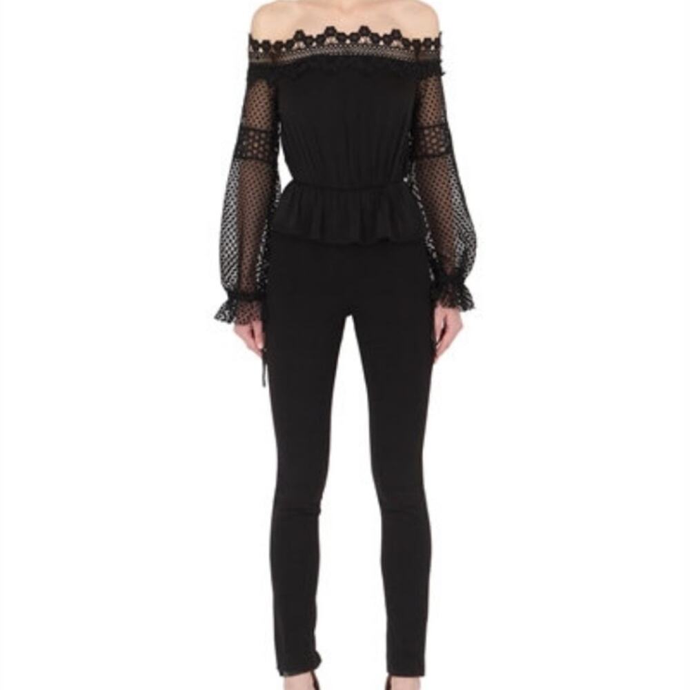 Self-portrait off the shoulder lace sleeve black jumpsuit sz 2